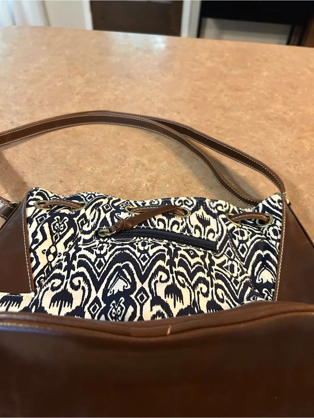 Fossil Navy and Brown Drawstring Tote Bag